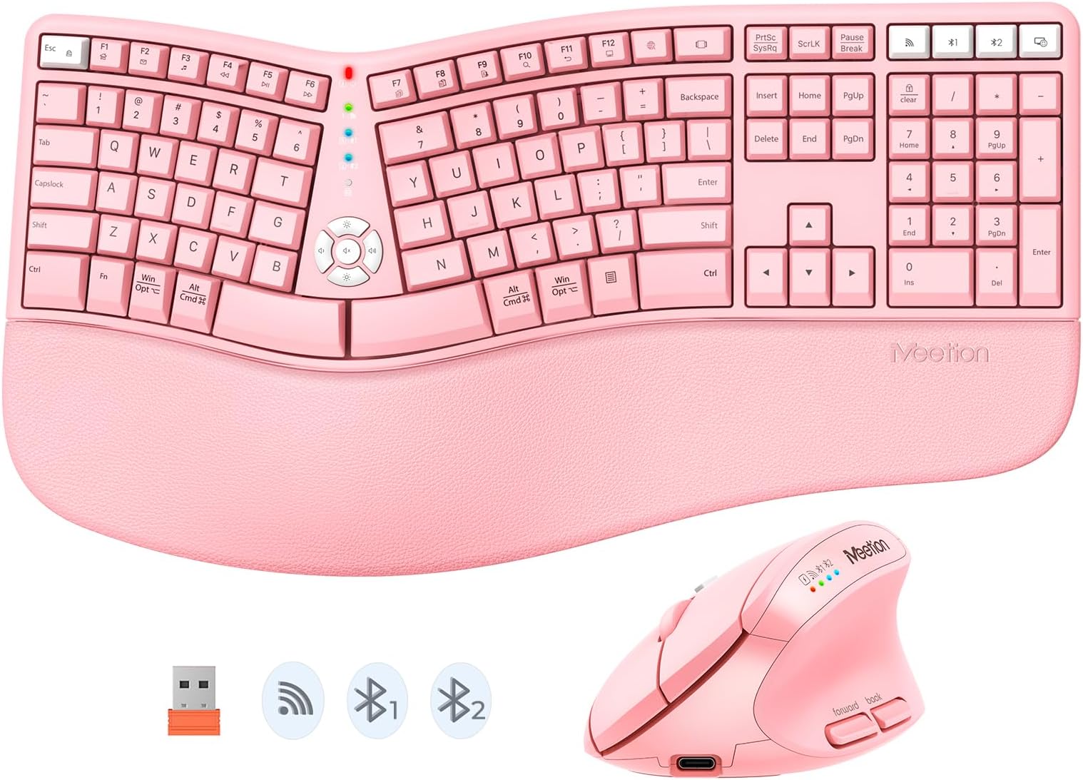 MEETION Ergonomic Keyboard and Mouse Wireless Combo, Bluetooth/2.4G Ergo Split Keyboard with Palm Rest, 4 DPI Adjustable Wireless Mouse, Full Size Rechargeable Keyboard for Windows/Mac/Android Pink