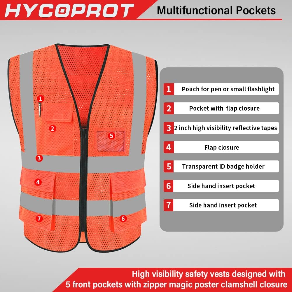HYCOPROT High Visibility Mesh Safety Reflective Vest with Pockets and Zipper, Meets ANSI/ISEA Standards - Image 2