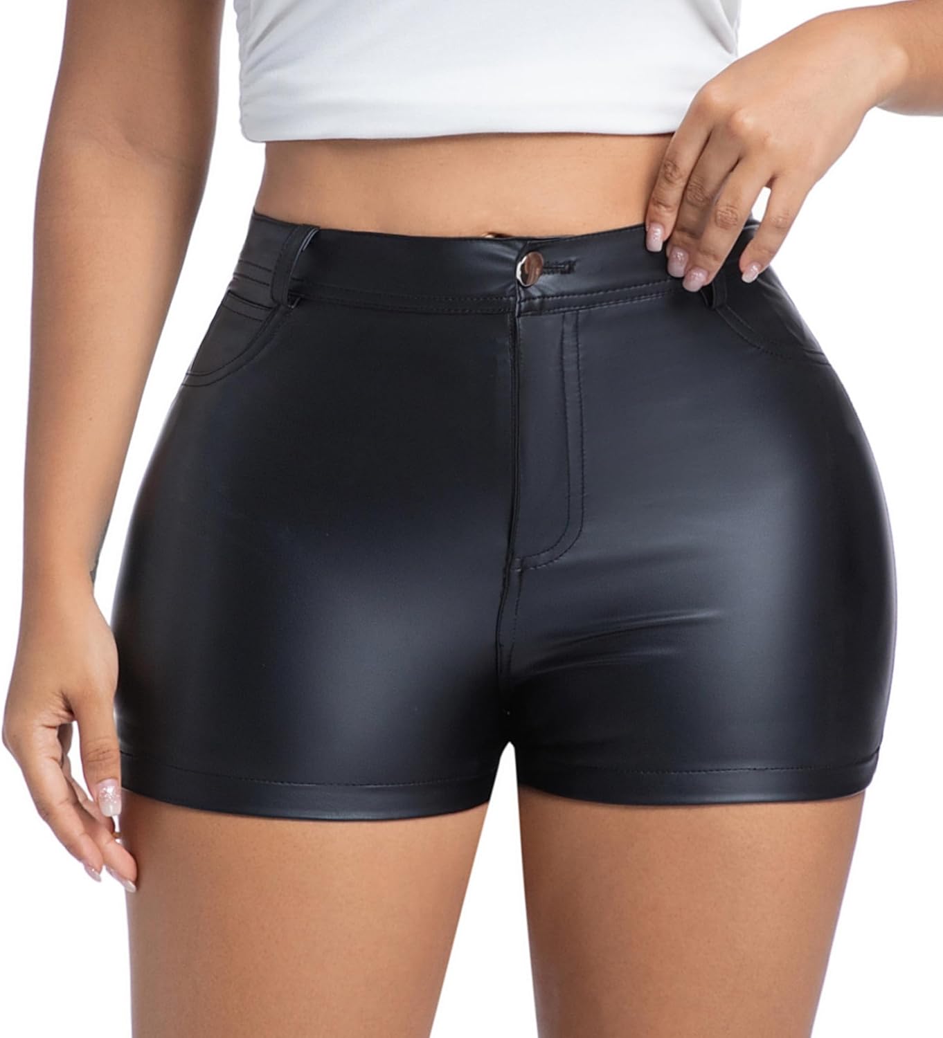 Zebaexf Black Leather Shorts High Waist Sexy Legging Shorts Womens Casual Faux Leather Shorts - Image 6
