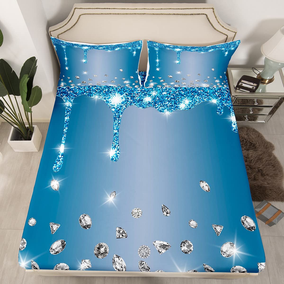 Juego de sábanas de diamantes con purpurina para niños y niñas, sábana bajera ajustable brillante para niños, mujeres y hombres, textura de lujo suave, colorido y moderno, juego de ropa de cama para