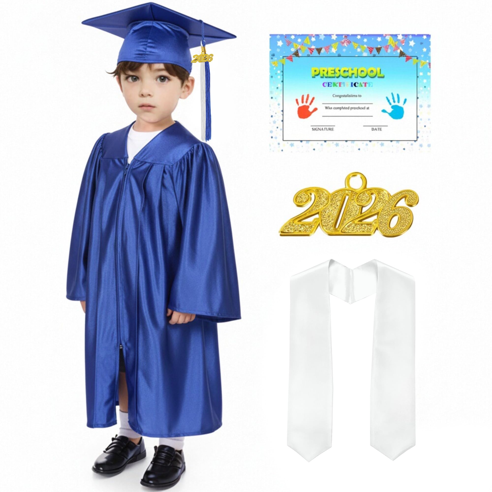 Shiny Kids Graduation Cap and Gown Set with 2026 Tassel Plus White Stole Certificate for Kindergarten Preschool
