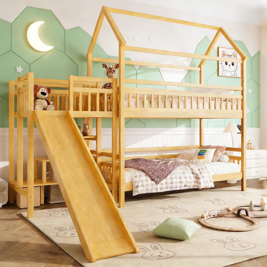 Bellemave Bunk beds Twin Over Twin with Storage Stairs,Two Placement Methods,House bunk Bed, White