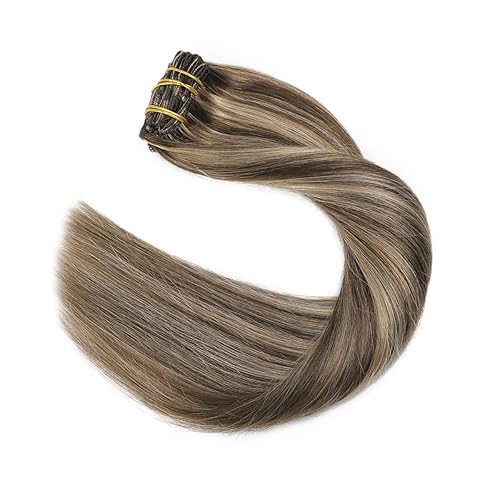 Miniatura 5 de XDhair Extensiones de cabello humano Remy con pinzas, color marrón medio #4 mezclado a rubio caramelo #27, cabello real de seda, 3.53 onzas, 6