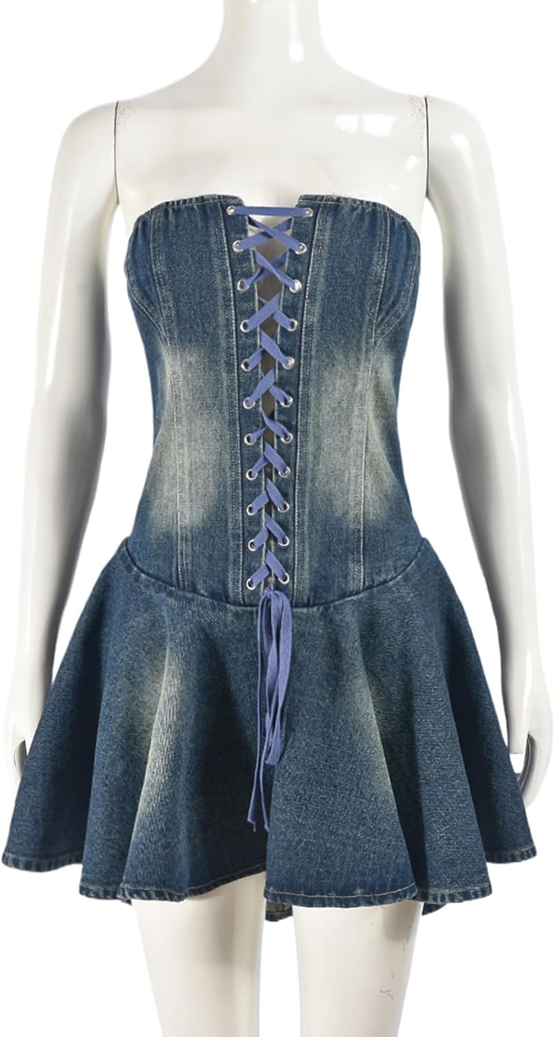 Ptorlio Summer Sexy Denim Mini Dress Strapless Party Club Tube A-line Corset Bandage Short Dresses - Image 8