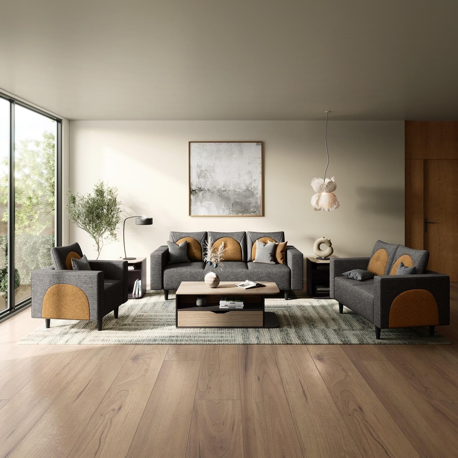GODREJ INTERIO Windle 6-Seater Fabric Sofa Set (3+2+1), 3-Years Warranty, Solid Wood, Camel and Taupe-image-11