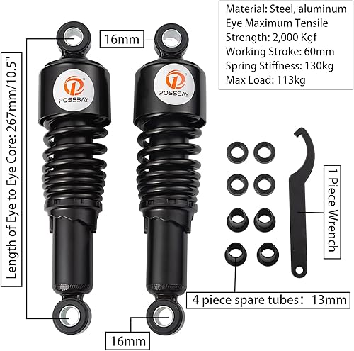 Miniatura 2 de Possbay Amortiguador trasero de la motocicleta del choque de la motocicleta 10.5 "267mm suspensión trasera universal 1 par negro