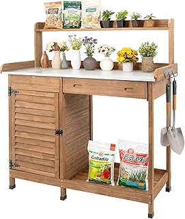 Outdoor Potting Bench Table, Wooden Weatherproof Garden Work Station with Sliding Drawer, Metal Table Top, Metal Hooks, Large Bottom Shelf, Open Shelf