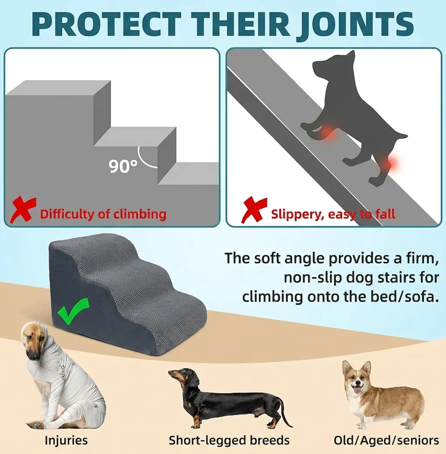 Breite Hundetreppe (62 cm hoch), 5 Stufen Tiertreppe aus hochdichtem Schaumstoff für kleine bis sehr große Hunde, rutschfeste Haustiertreppe mit waschbarem Bezug
