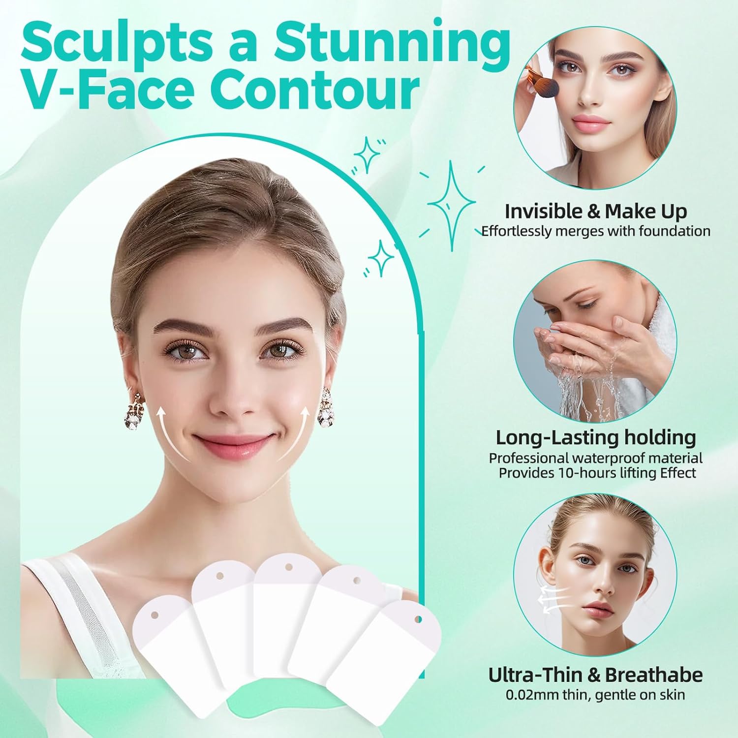 Neck Tape Lifting Invisible,100pcs Face Lift Tapes and Bands with 8 Strings,Face Tape Lifting, Neck Lift Tape Turkey, Tightening Face Lifter Tape Facial Tape for Double Chin Jowls Eyes Sagging Makeup
