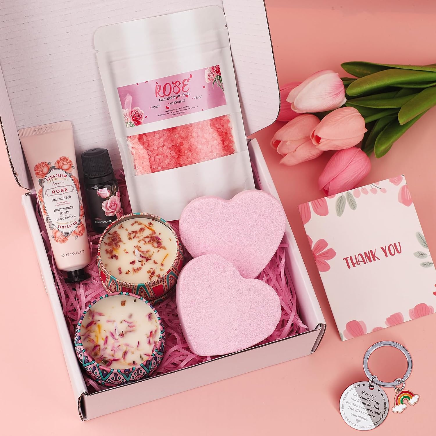 9-Piece Rose Bath & Spa Pamper Set, Relaxation Gift Box for Women, Unique Thank You, Appreciation & Birthday Gifts for Mom, Friend, Sister, Teacher(Pink-Thank You)