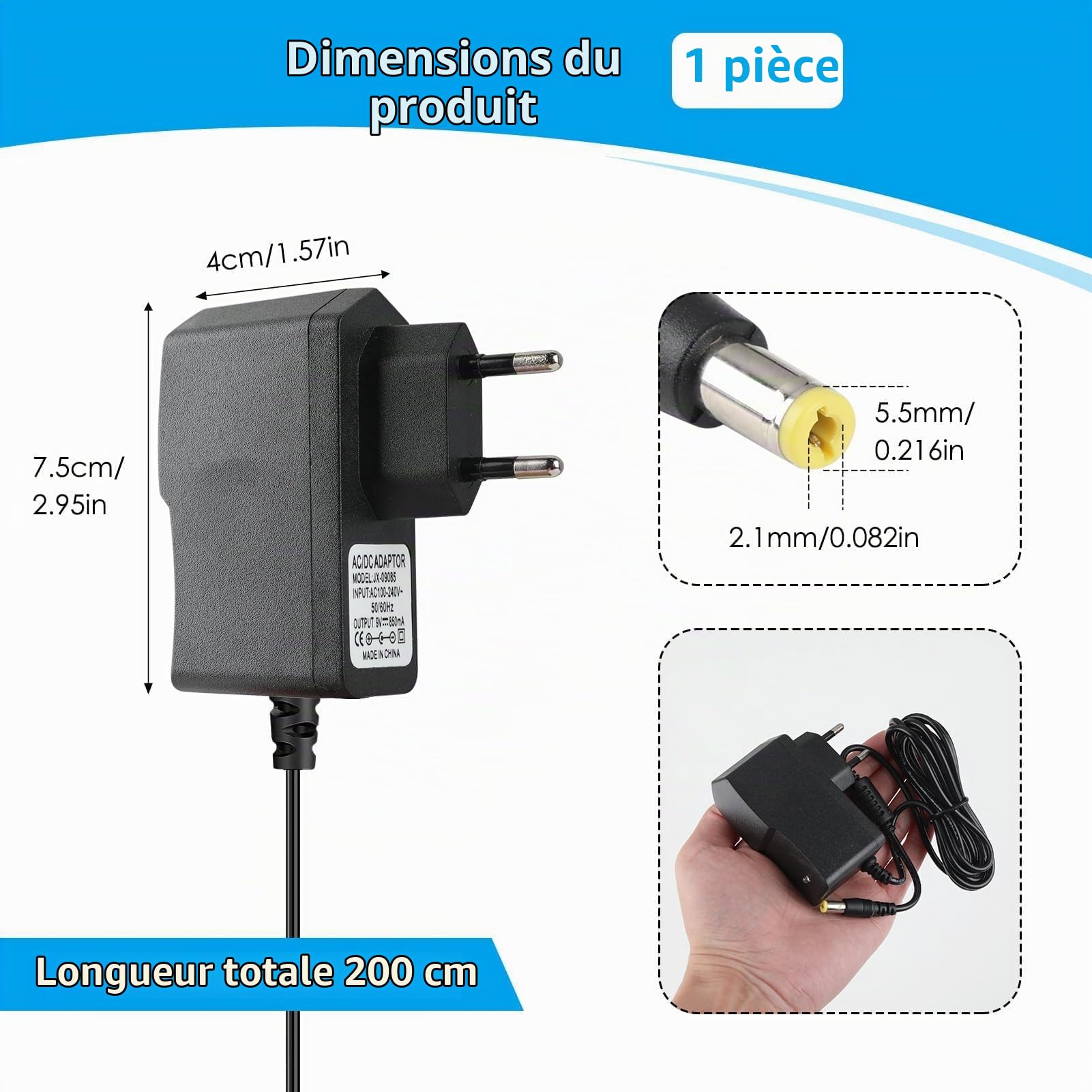Chargeur Adaptateur d'Alimentation Universel 9V-850mA pour Pédales d'Effet Guitare - Câble de 2m avec Connecteur 5,5mm x 2,1mm, Pointe Négative, Compatible Multi-Marques