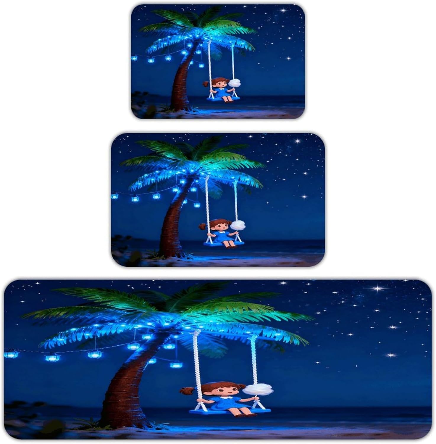 Coconut Tree Blue Kitchen Rugs Sets of 3 Non Slip Kitchen Mat for Floor Comfort Standing Rug and Mats Thick Cushioned Long Area Carpets for Laundry Room Entryway