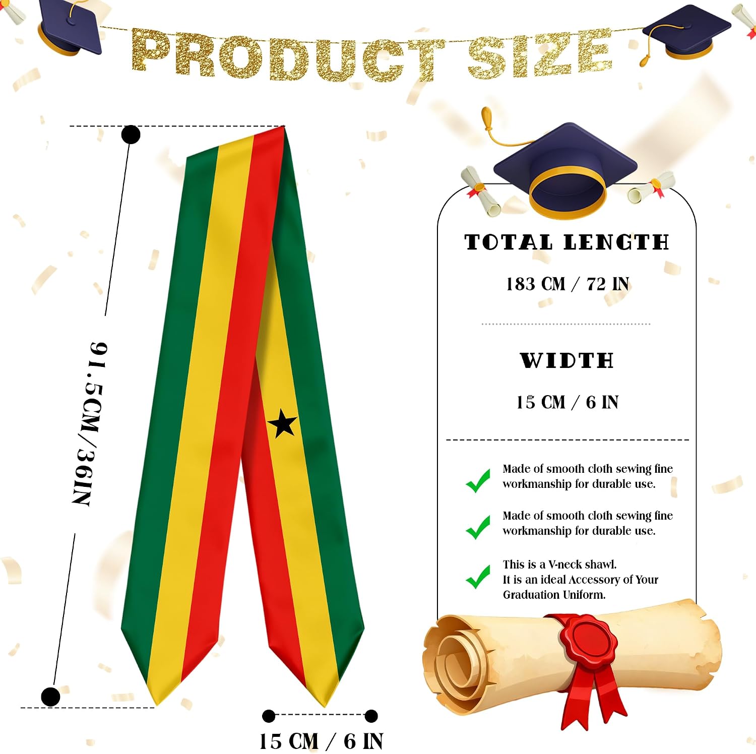 Ghana Flag Graduation Stole Sash for Study Aboard International Students Abroad Adult Unisex