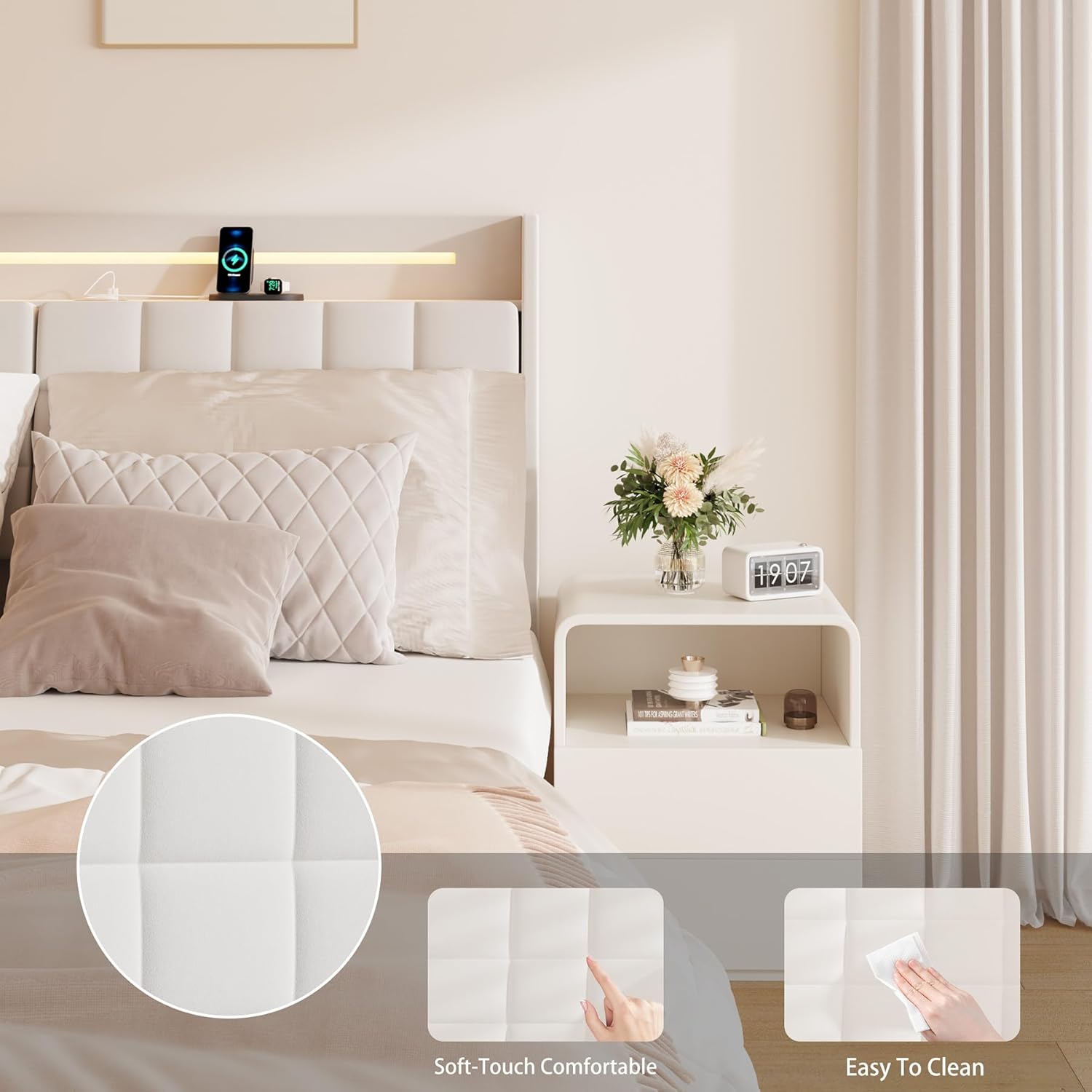 Upholstered Floating Bed Frame Queen with 20 Color LED Lights& USB Charging Station, Modern Linen Led Bed Frame with Hidden Storage Headboard, No Box Spring Needed, Easy Assembly (Beige, Queen)