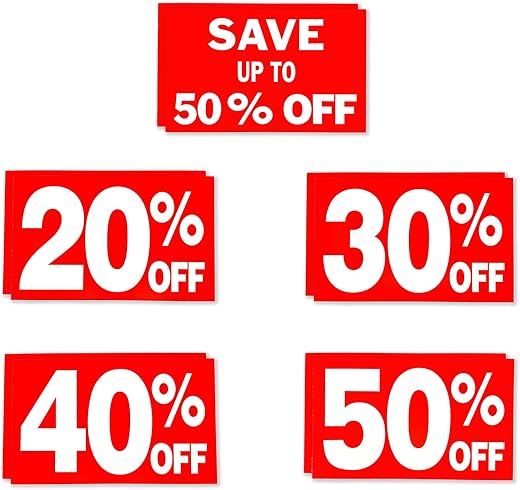 Up to 50% Percent Off Sign Bundle Pack, 7" x 11": 20%, 30%, 40% & 50%, 2 of Each Sign, 10 Pack