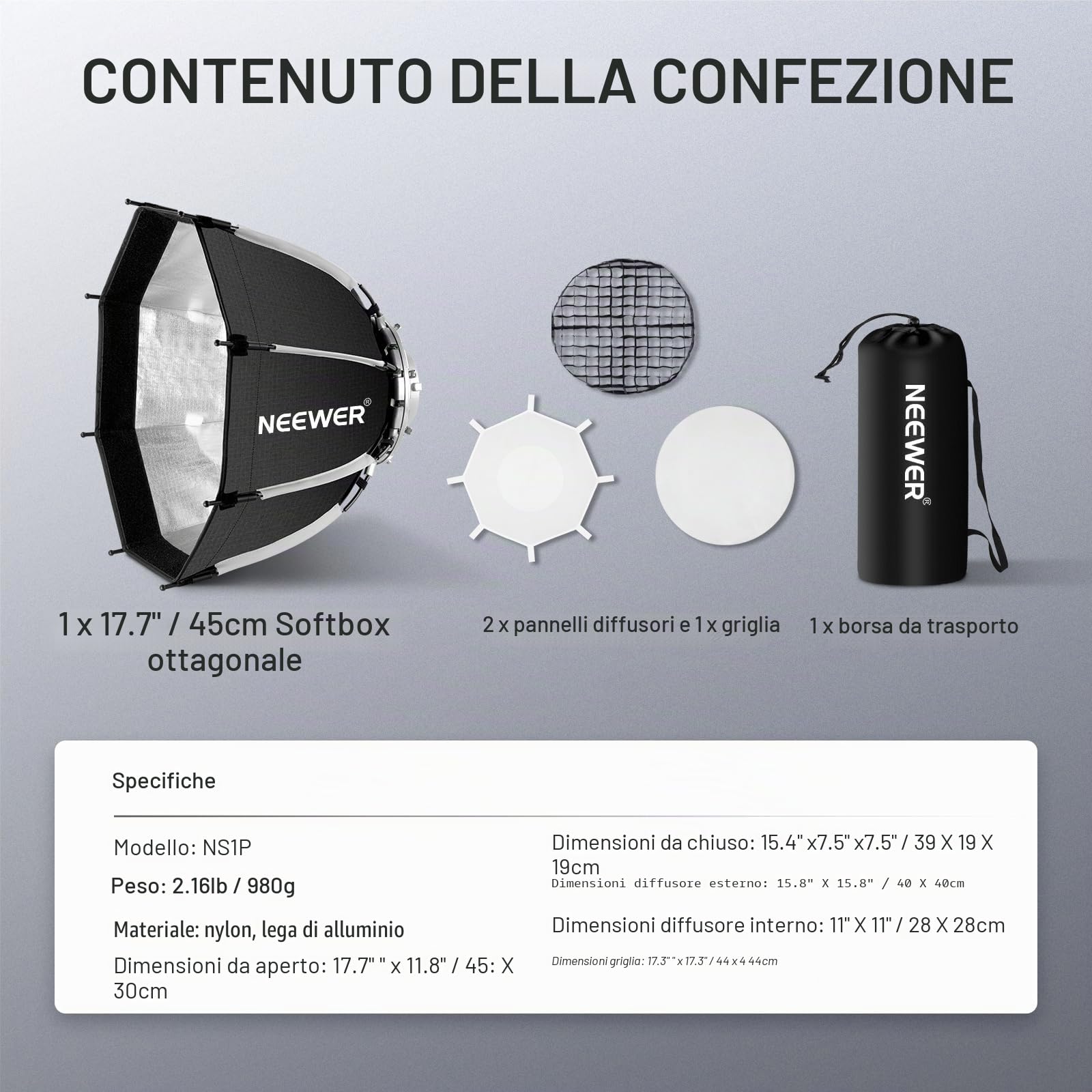 NEEWER 45cm Softbox Ottagonale con Attacco Bowens, Piegatura Rapida con Diffusori/Griglia a Nido d'Ape/Borsa per Q4 RGB CB60 MS60B MS60C MS150B Compatibile con Godox Aputure Luce Video da Studio, NS1P
