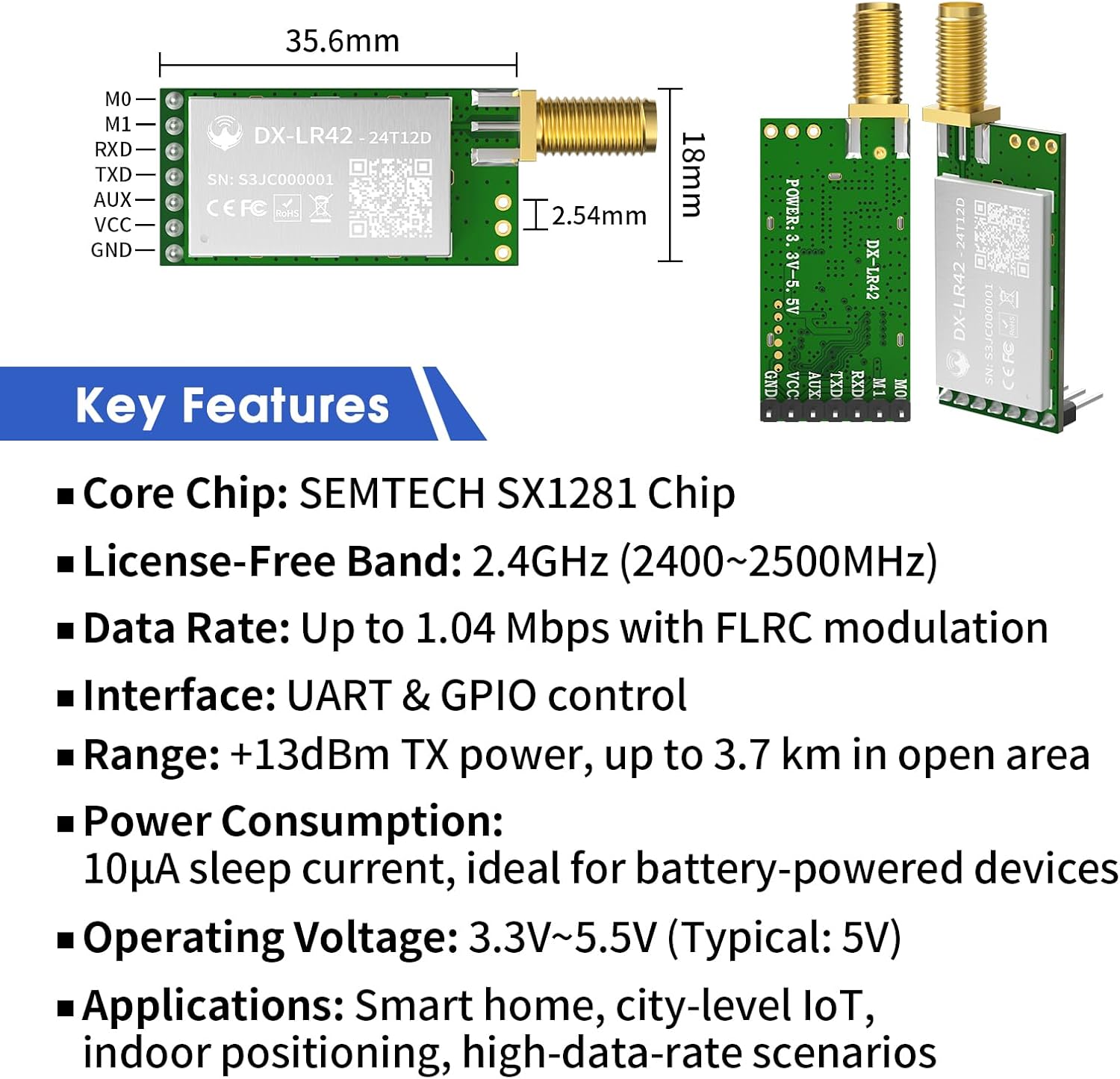 2.4G SX1281 Development Kit Lora Wireless uart RF Module DX-LR42-24T12D 13dbm 3.7KM High Speed Low Power FLRC 150kb/s GFSK TTL 3.3V IoT RF Module for Arduino Raspberry Pi ESP32