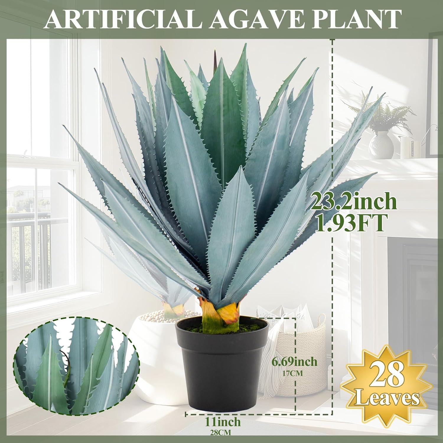 Artificial Agave Plant,23in Faux Plants Outdoor Decor,UV Resistant Large Potted Greenery,Realistic Plastic Succulents Perfect for Front Porch, Patio, Indoor Outdoor Home, Office Decor，2pack