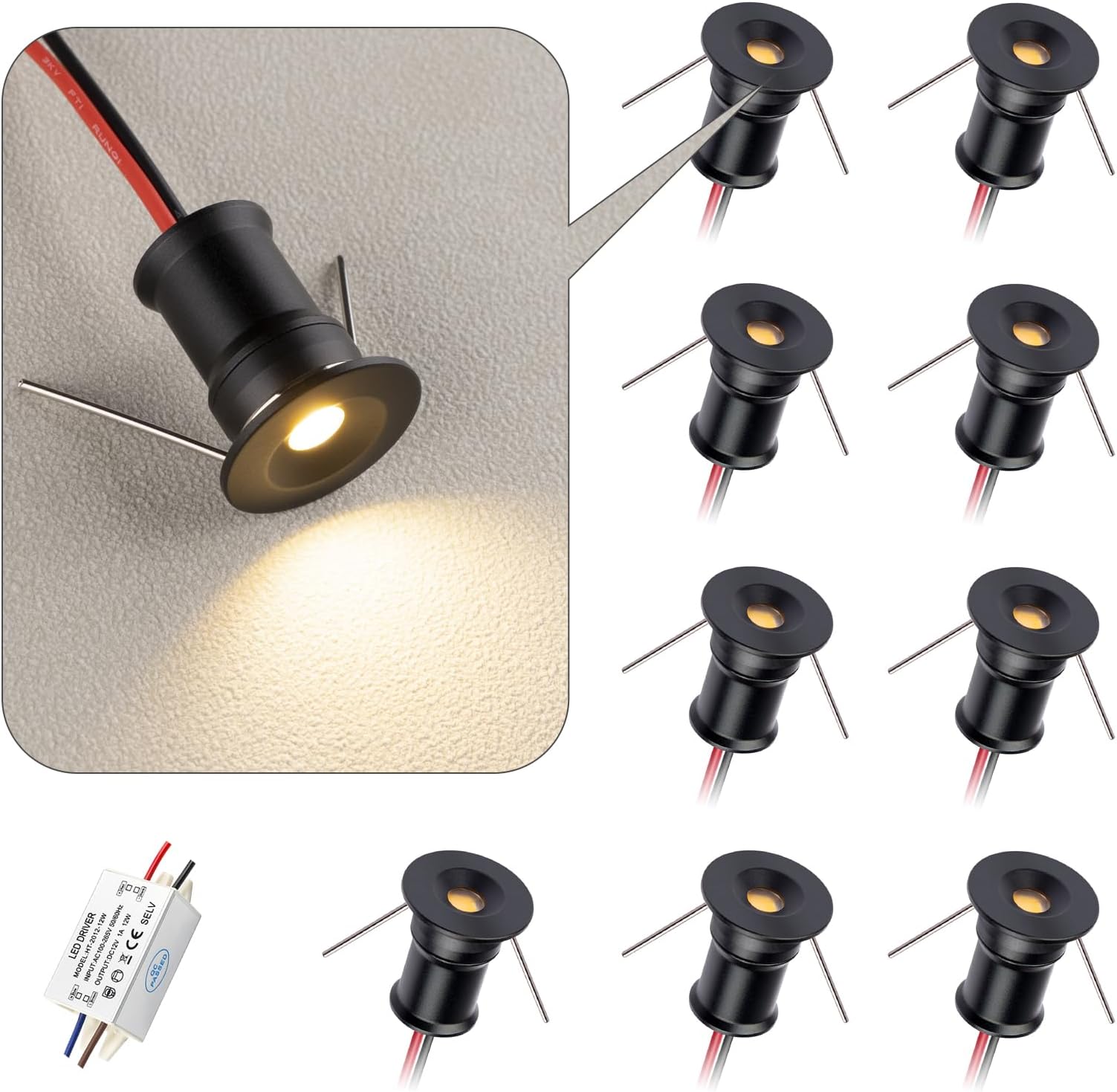 902 120°LED mini Spotlight,DC12V 1W,80Ra,75lm,Small Size,Embedded Installation,Suitable for Cabinet Lighting Such as Wine cabinets,Shoe cabinets,etc.,with Power Supply(3000K,Black,9Pack)