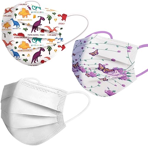 Mascarillas desechables para niños, 50 unidades, máscara de dinosaurio y mariposa para niñas de 4 a 12 años, mascarilla transpirable y protectora