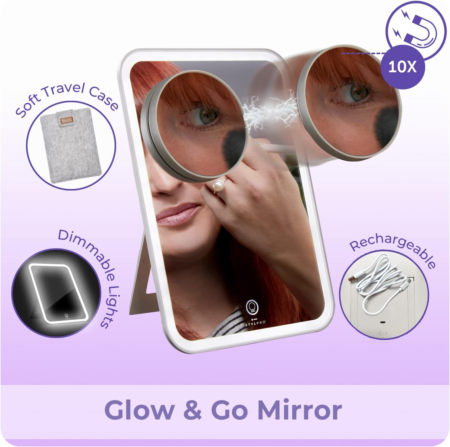 stylPro Makeup Vanity Mirror with Magnetic 10x Magnifying Mirror, Rechargeable, Dimmable Lights, Adjustable Stand, Soft Luxury Travel Case & USB Charging Cable