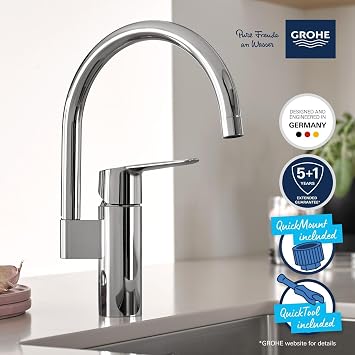 GROHE QUICKFIX Start – Kitchen Sink 1 Lever Mixer Tap (High C-Spout, 150° Swivel Area, 1-Hole Installation, 35 mm Ceramic Cartridge, Tails 3/8 Inch, QuickMount Included), Size 339 mm, Chrome, 30469000