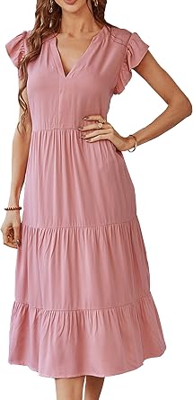 Amazon.com: AOVDE Vestido para mujer 2022 sexy con cuello en V, vestido  casual de color liso, mangas casquillo con volantes para verano : Ropa,  Zapatos y Joyería