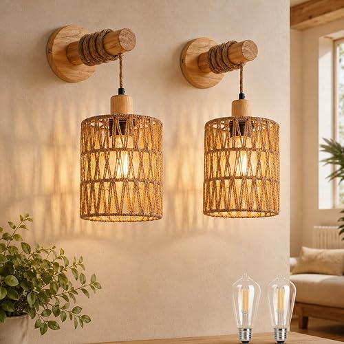 Lot de 2 appliques murales vintage boho en bois et