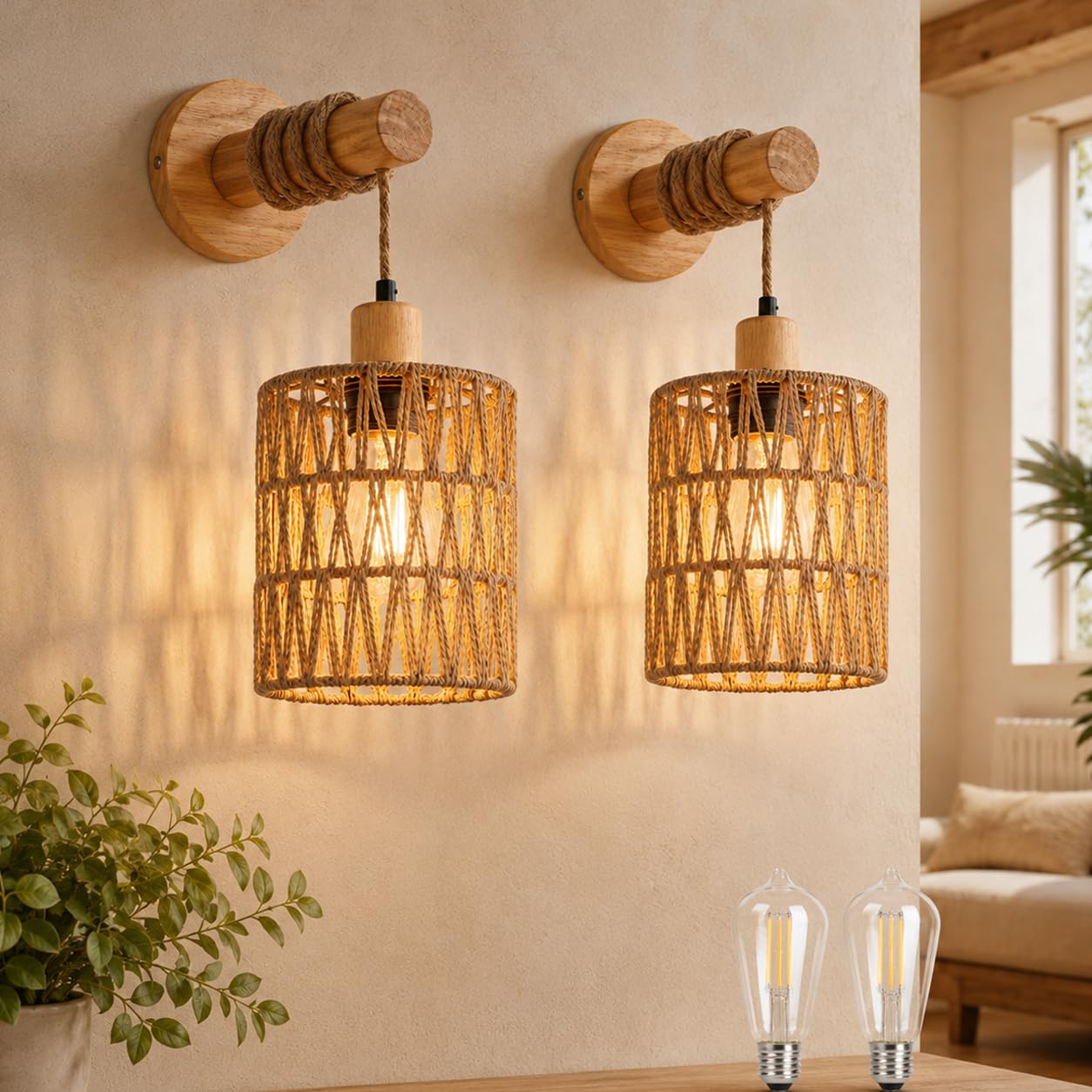 2er-Pack Vintage-Boho-Wandleuchten aus Holz und Rattan, E27 | Handgeflochtener Schirm, Festverdrahtet Wandlampe Vintage, Boho für Schlafzimmer, Wohnzimmer, Flur und Treppenhaus
