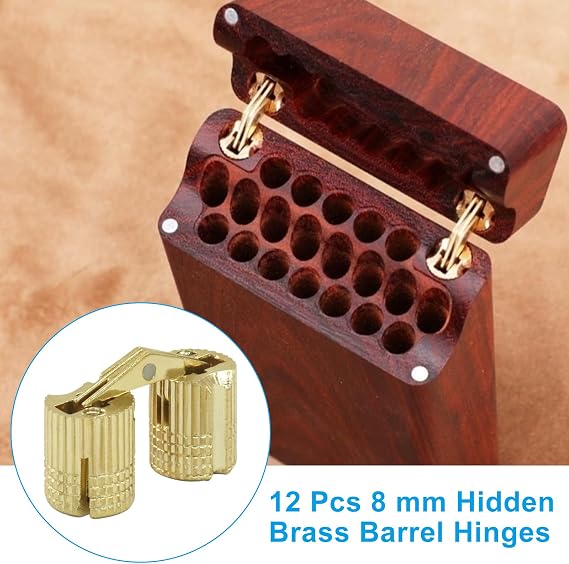 12 Pack 8 mm Hidden Brass Barrel Hinges, Furniture Concealed Hinges with 180 Degree Opening Angle for Jewelry Box DIY Hand Craft