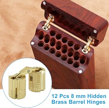12 Pack 8 mm Hidden Brass Barrel Hinges, Furniture Concealed Hinges with 180 Degree Opening Angle for Jewelry Box DIY Hand Craft