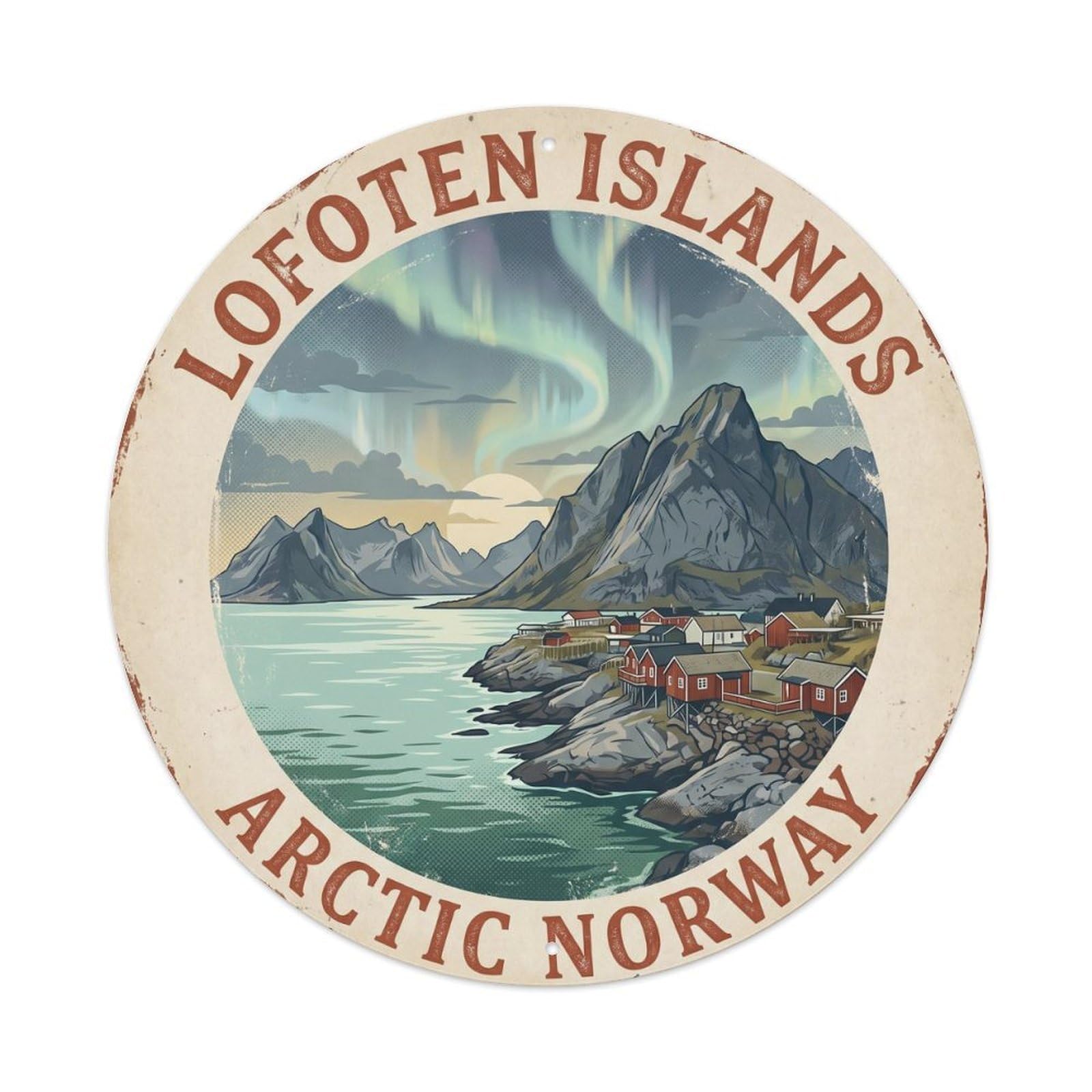 Vintage Travel Lofoten Islands Norway Metal Tin Sign Plaque Wall Decor for Cafe, Club, Garden Round Metal Poster 8x8Inch