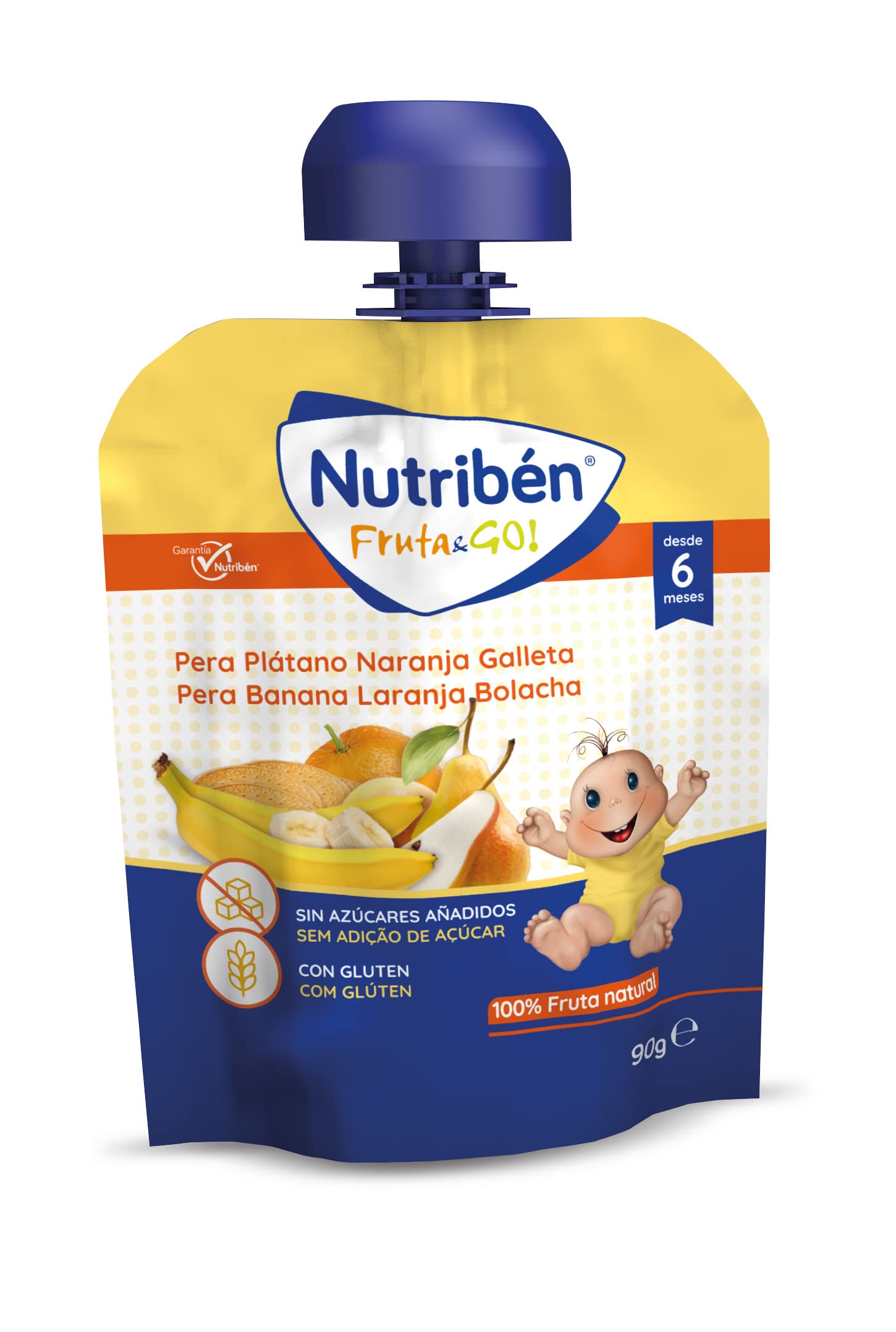 Nutribén Fruta And Go Bolsita de Puré de Frutas 100% Natural Pera Plátano Naranja y Galleta Pack 10 x 90g