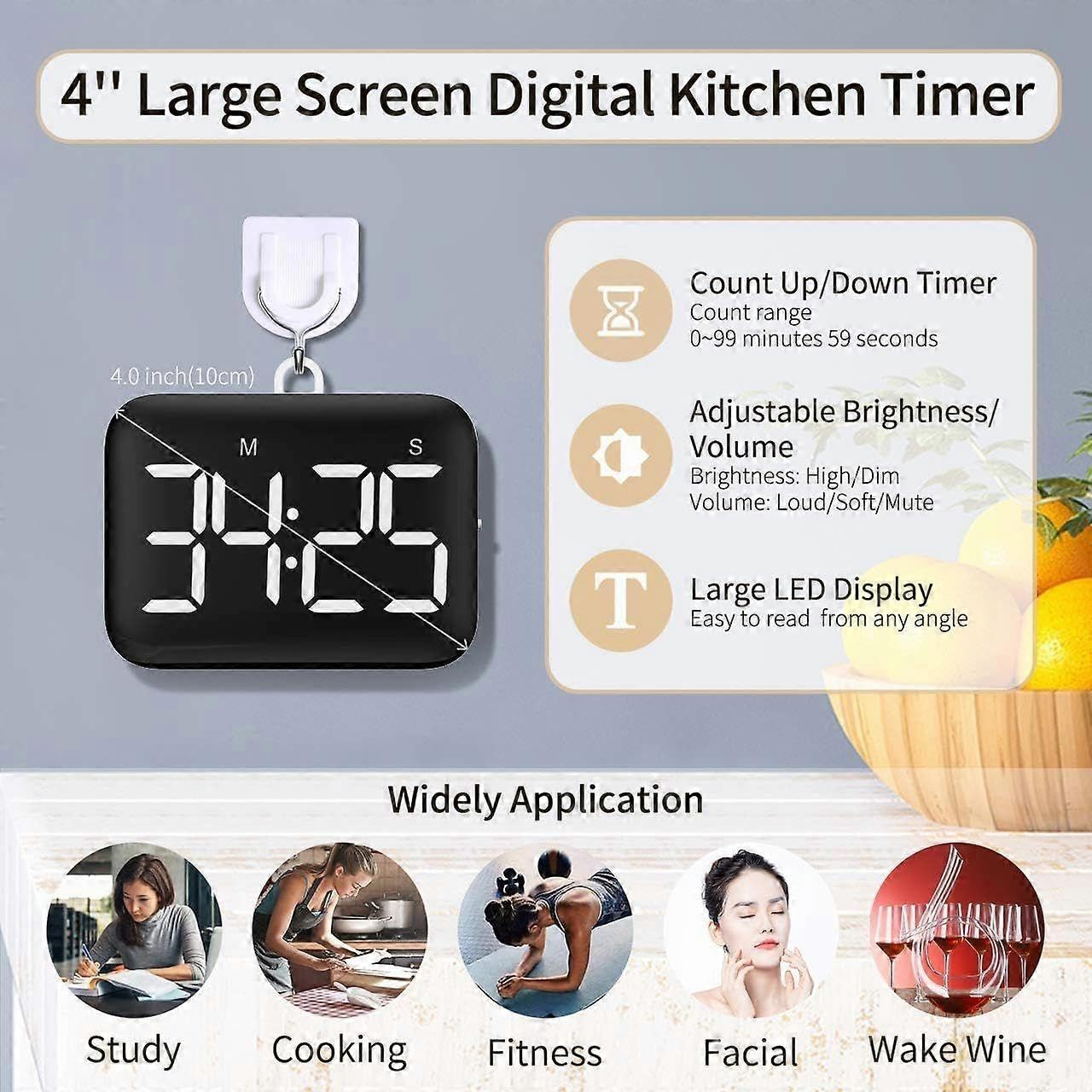 Temporizador digital de cocina con pantalla LED grande, temporizador magnético con brillo ajustable y soun