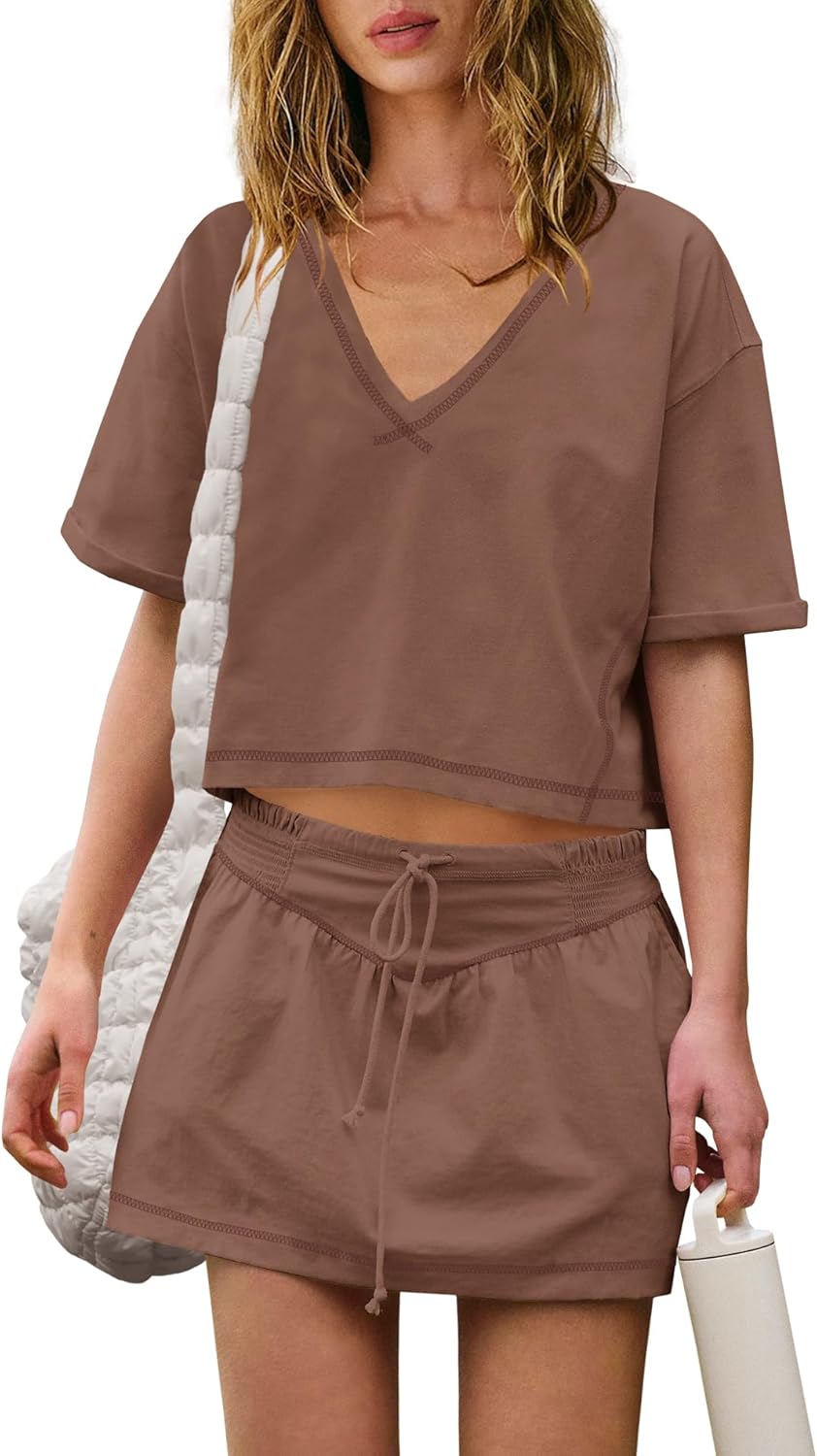 Panadila Womens Workout Set 2 Piece Outfits Skirt Set Matching Sets Crop Tops and Skirt with Shorts Sets with Pockets