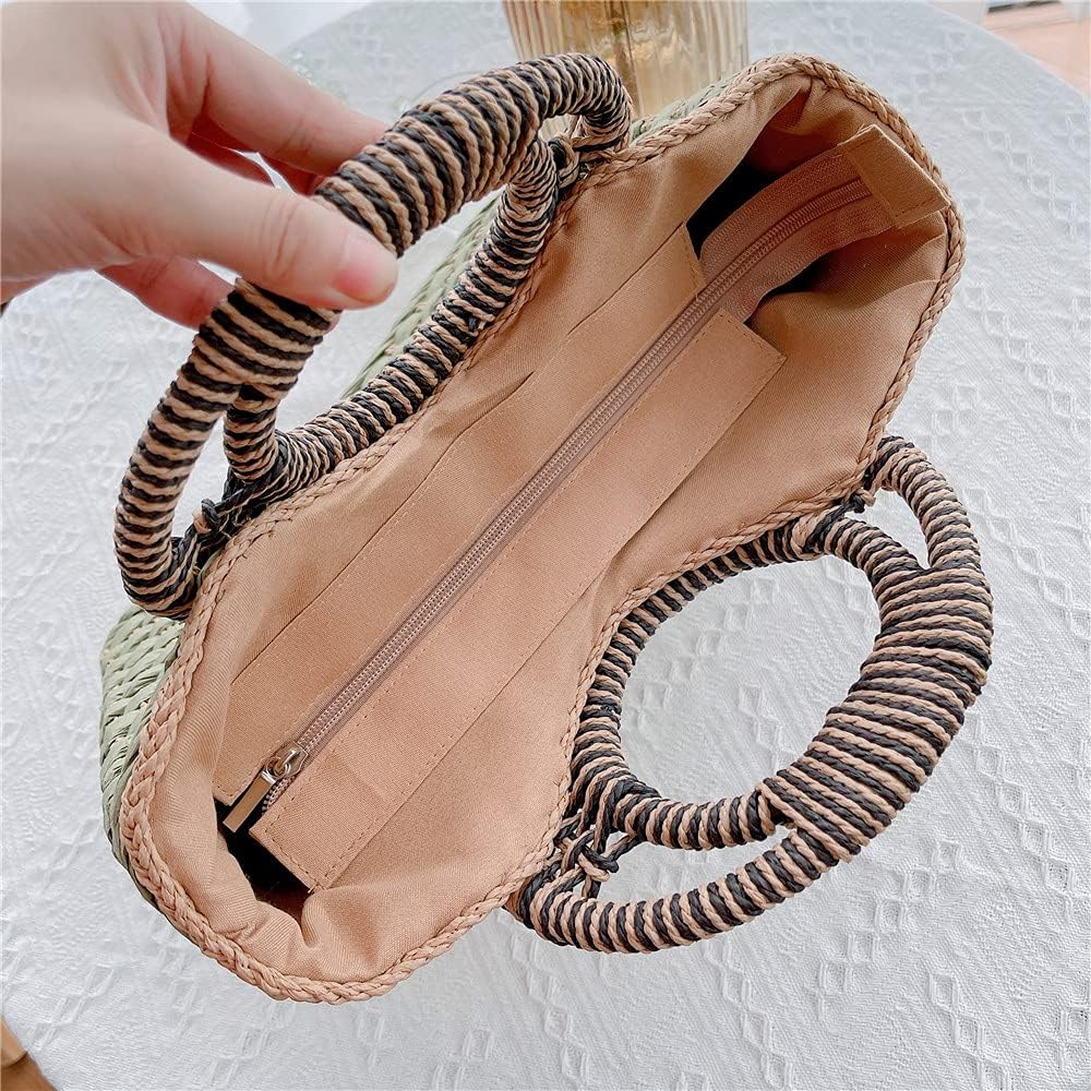 Women Summer Retro Straw Bag with Zip Hand-woven Beach Handbag Top Round Handle Boho Tote Bag Shopping and Travel Large Bag (Green) - Image 7