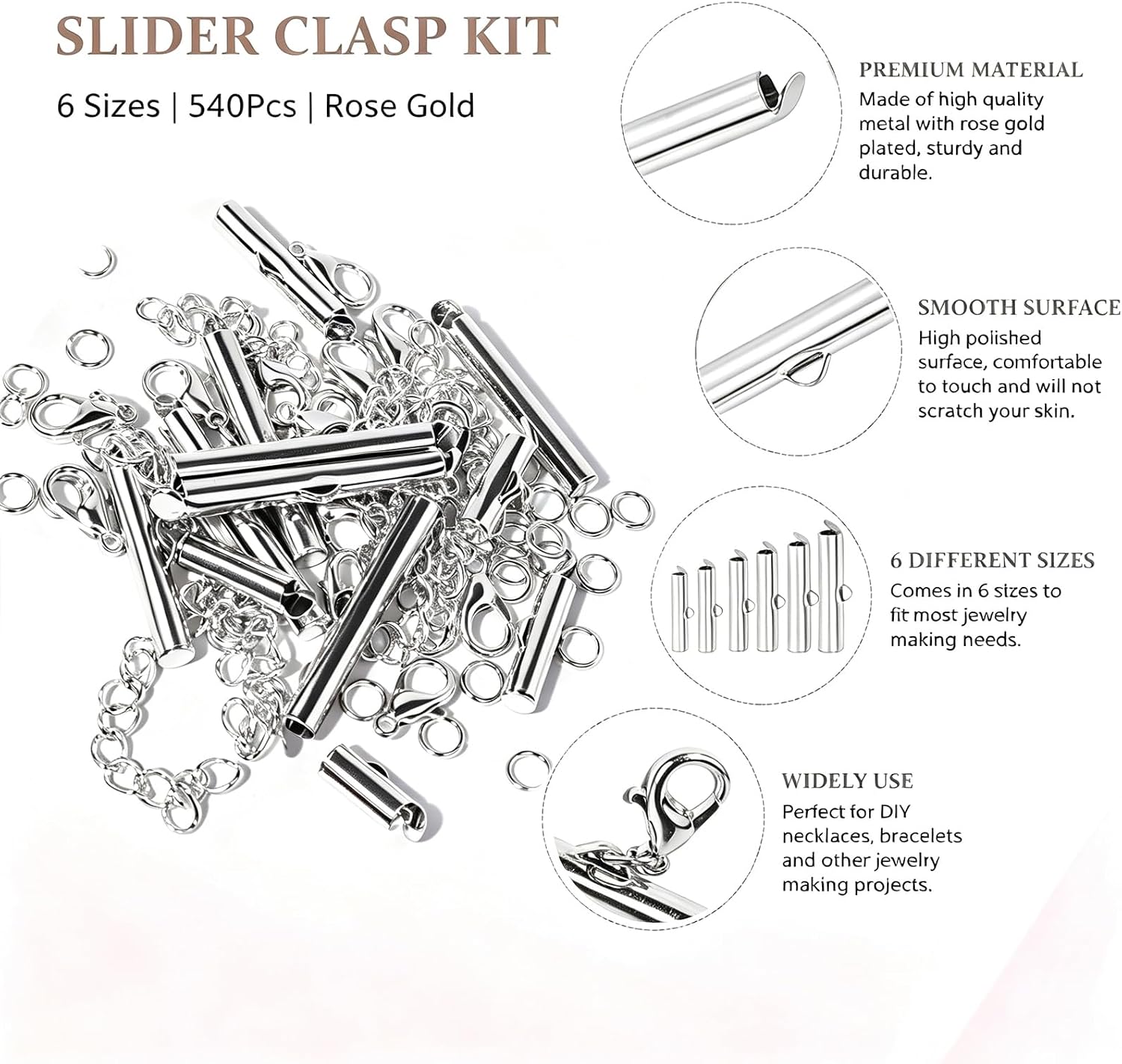 All Size Slider Clasp for Beading Slide Tube Cord Ends with Open Jump Rings Lobster Clasp Chain Extender Jewelry Finding Kit Bead Loom End Bar for Jewelry Making (Bright Silver)