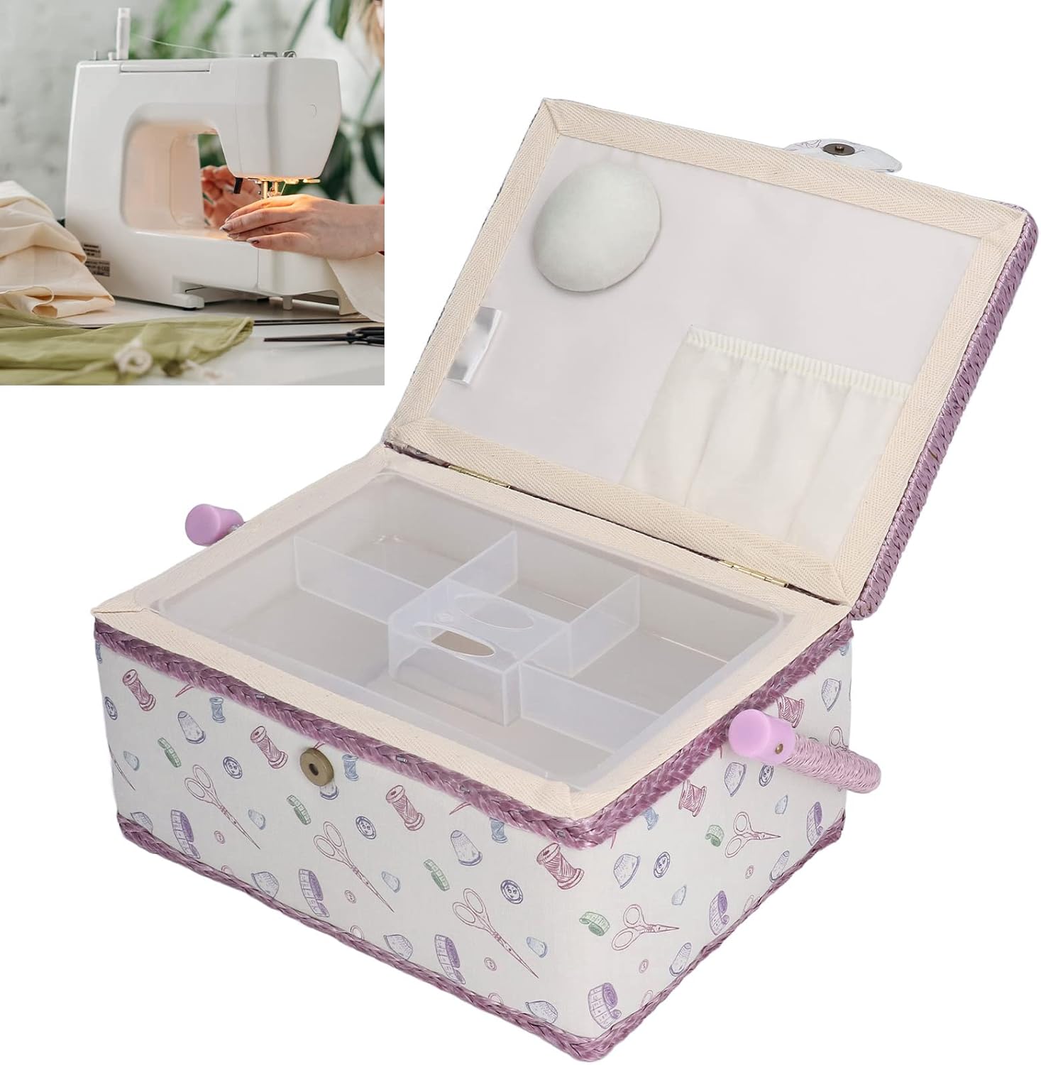 Sewing Basket, Sewing Box Sewing Supplies Organizer Sewing Kit Storage Box with Removable Tray Sewing Kit Organizer for Mending