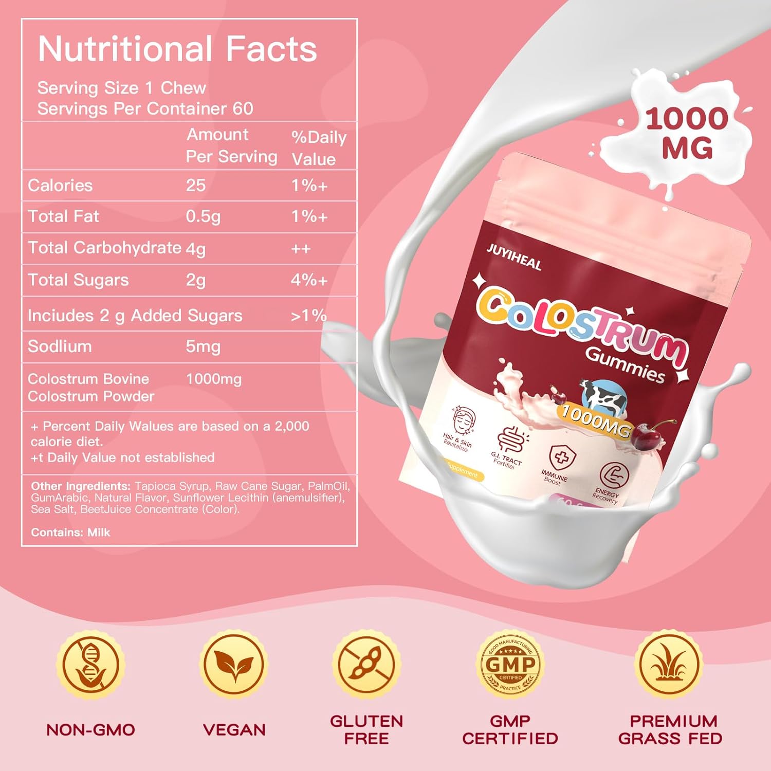 Colostrum Gummies, 1000 mg Grass Fed Colostrum Chews Colostrum Supplement for Gut Health, Hair Growth, Beauty, and Immune Support, Cherry Flavor 60 Servings - Image 2