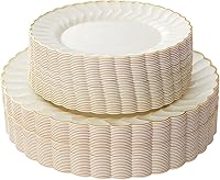 Lullaby 60PCS Ivory Scalloped Plastic Plates Gold Rim - 30 Dinner 10.25" & 30 Dessert 7.5" Disposable Elegant Wedding Party Plates