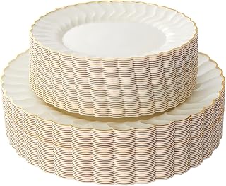 Lullaby 60PCS Ivory Scalloped Plastic Plates Gold Rim - 30 Dinner 10.25" & 30 Dessert 7.5" Disposable Elegant Wedding Party Plates