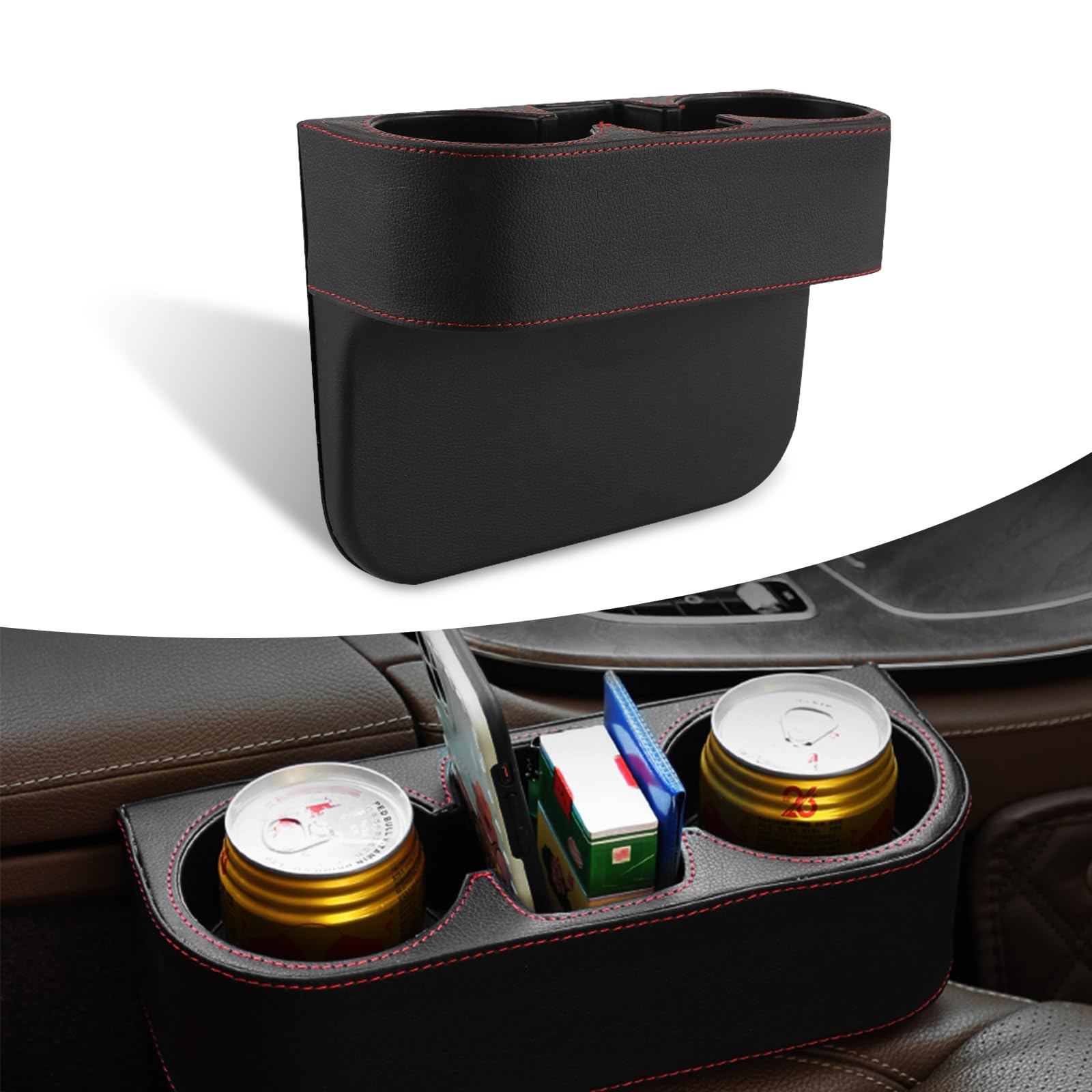 YumfuguPack-1 Car Seat Organizer, Car Cup Holder Front Seat Organizer, Multifunctional Leather Storage Holder Box, Universal Car Gap Filler for Bottle Cellphone Wallet Cards (Black)