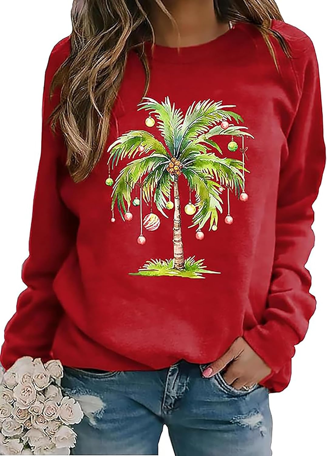 Huovud Christmas Sweatshirts for Women – Lightweight Christmas Palm Tree Graphic Pullover Top, Casual Festive Xmas Shirt