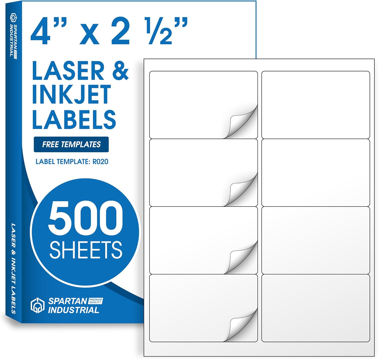 4" X 2.5" Matte White Printable Shipping Labels (500 Sheets, 4000 Stickers) Address and Mailing Labels for Laser & Inkjet Printers - Spartan Industrial Template R020