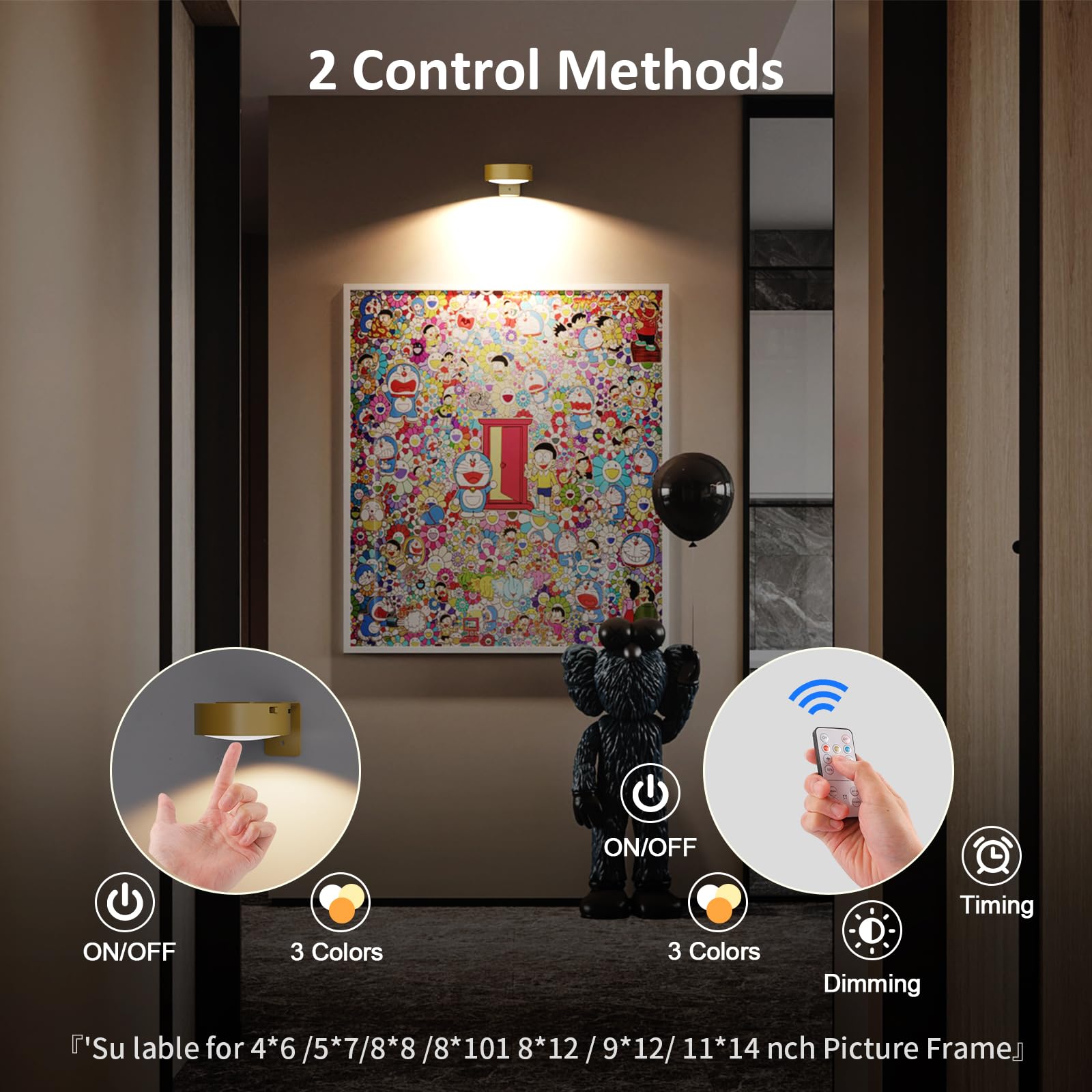 Tututry Luci per quadri da parete, ricaricabili a batteria, senza fili, magnetiche, con telecomando, dimmerabile e timer, luci decorative da parete con 3 modalità di illuminazione per esposizione