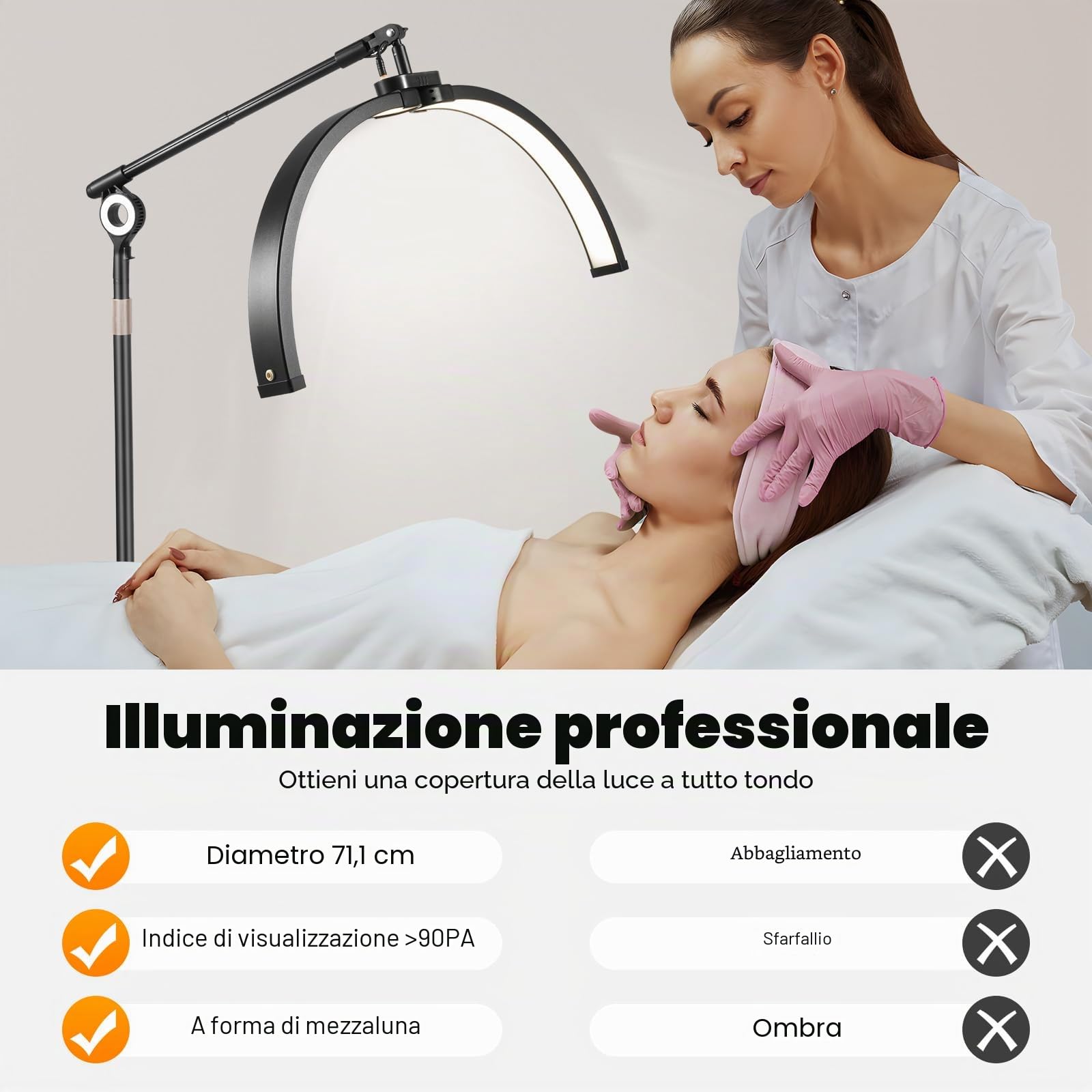 Lampada a mezzaluna, 40 W, LED da pavimento, luce a mezzaluna, angolo di rotazione di 350°, lampada cosmetica regolabile, 7 livelli di temperatura di colore e 10 livelli di luminosità