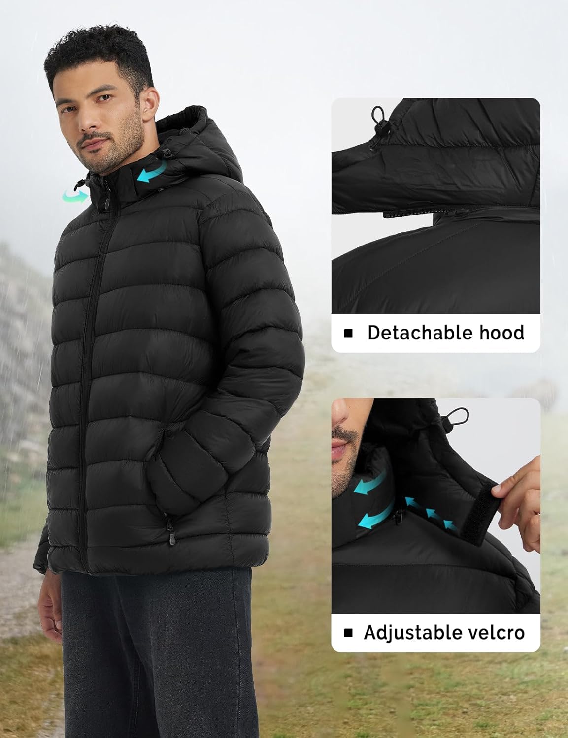 ASPO Men's Packable Puffer Jackets Winter Lightweight Detachable Hood Water-Resistant Down Coats Warm Insulated Hiking Travel - Image 5