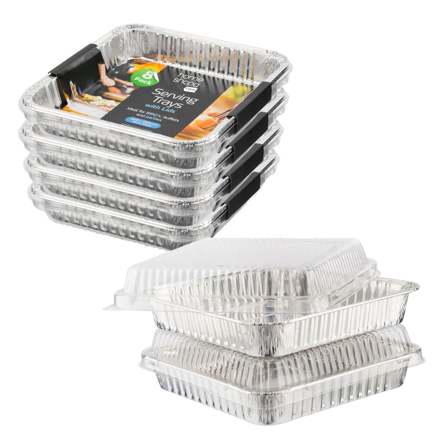 HOMESHOPA Aluminium Foil Containers with Plastic Lids, 8 Pack Square Disposable Meal Prep Takeaway Foil Tray, Reusable Tin Foil Tray for Cooking, Baking, Roasting, Broiling & Serving