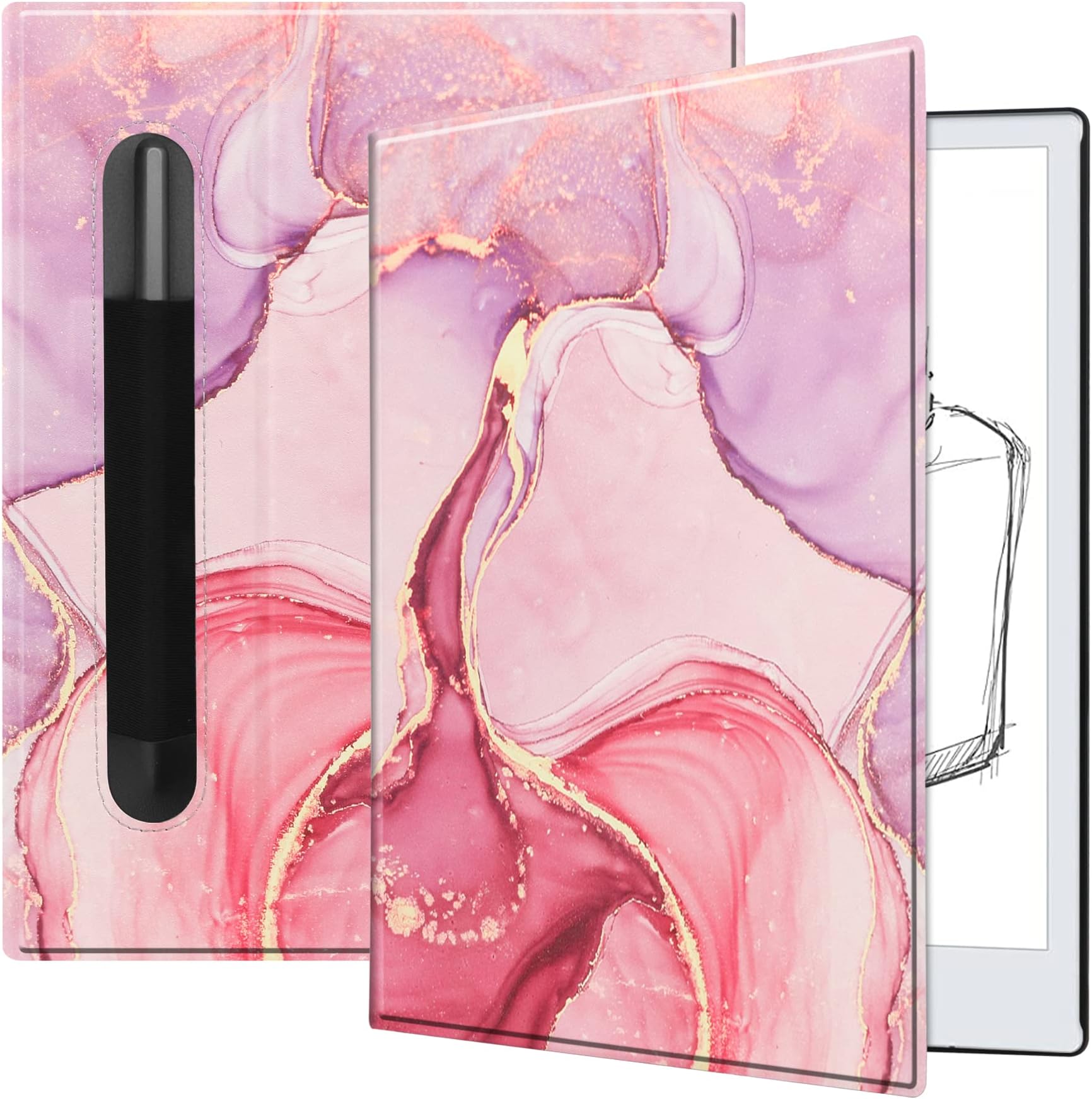 KuRoKo スリム軽量ブックフォリオレザーケースカバー Remarkable 2用 (マーブルピンク)