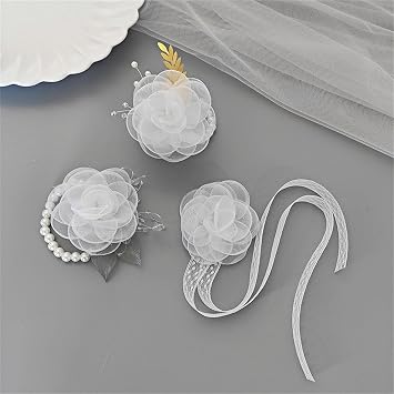 Fabric Rose Wrist Corsages for Wedding,Fairy Silk Roses Flowers Hand Wrist Corsages for Bride, Bridesmaid, Girls, PromWhite